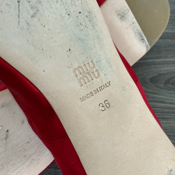 Miu Miu Red Satin Dainty Leather Bow Ballet Flats 36 Logo Strap Shoes Holiday - Picture 7 of 8